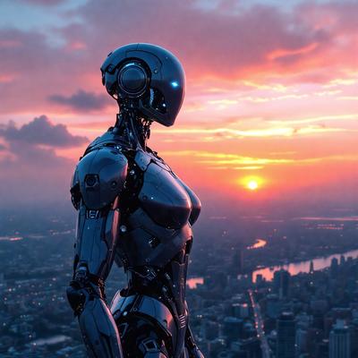 Primary subject: A robot with a silver body and a blue head.

Setting/background: The robot is standing on top of a building, overlooking a cityscape.

Visual style: The robot is a digital art creation.

Colors and mood: The robot has a silver body and a blue head, giving it a futuristic and sleek appearance. The cityscape below is bathed in warm, golden light, creating a sense of tranquility and beauty.